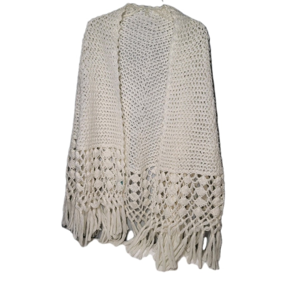 Vintage Hand Crocheted Wrap‎ Shawl Ivory Boho Granny Core Country Cottage Japan